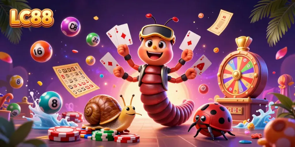 Experience LC88 gaming excitement with a vibrant cartoon scene featuring a dealer, high-roller, and dynamic elements.