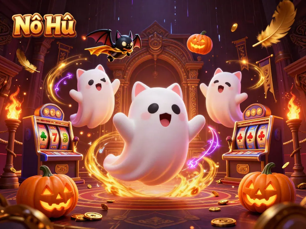 Nổ Hũ delights players with a playful ghost cat and bat in a vibrant casino setting.