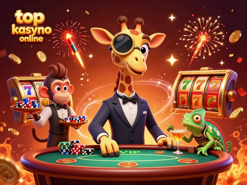 Experience top kasyno online action with our giraffe high-roller at a VIP poker table, spinning slots, and lively atmosphere.